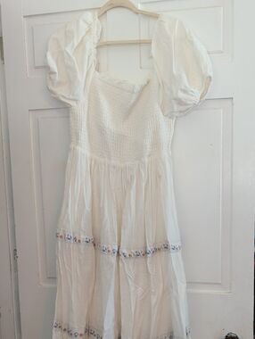 Rachel Zoe White Smocked Maxi Dress with Puff Sleeves and Floral Trim